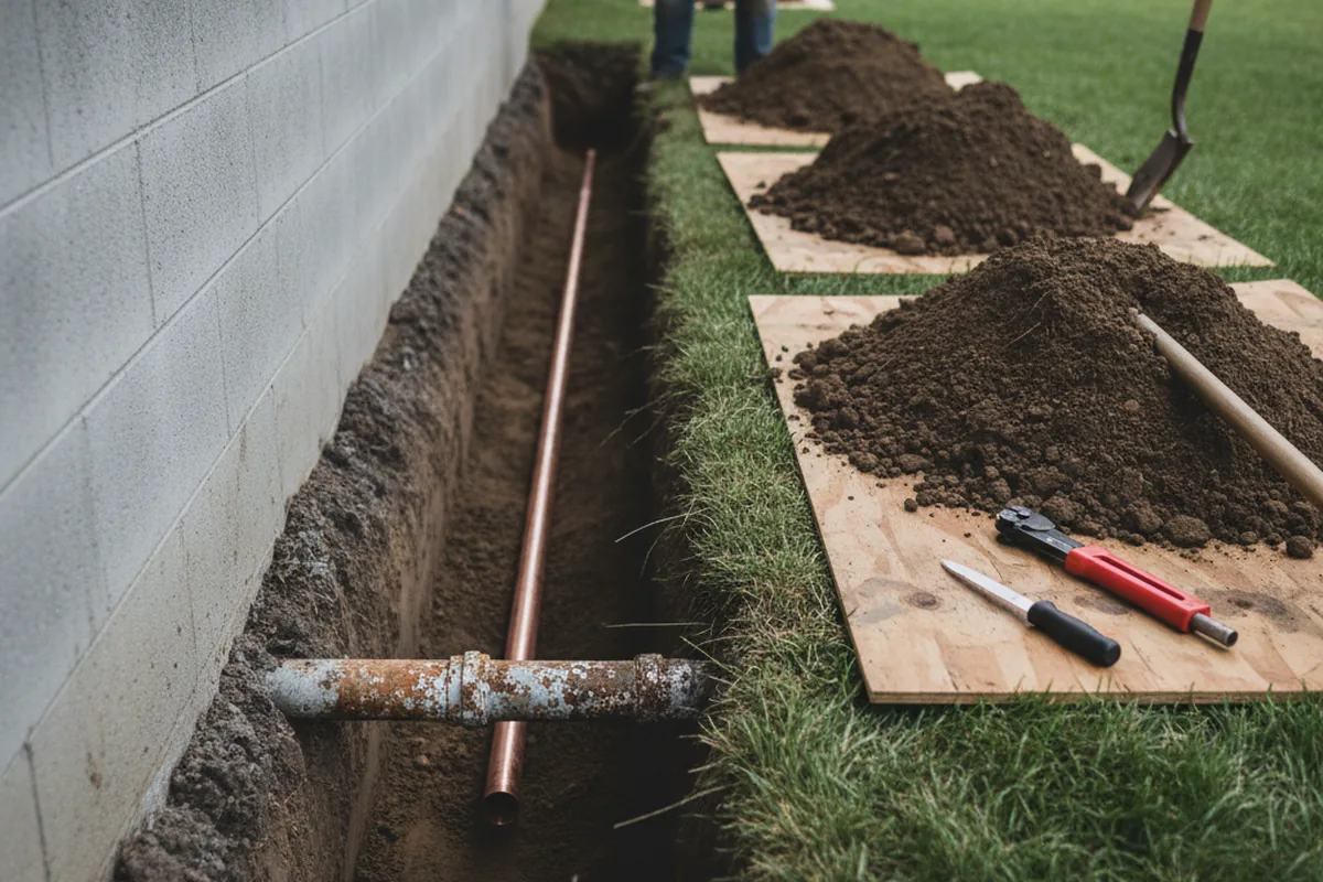 Excavated water line trench during Sewer Line Repair in Pea Ridge